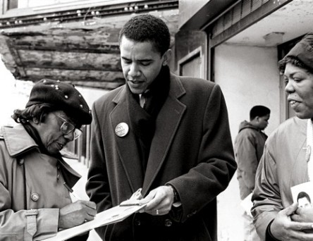 1995 Barack Obama campaigning on Chicago's South Side.