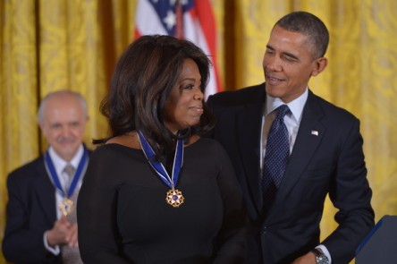 US President Barack Obama presents the Presidential Medal of Freedom to broadcast journallist Oprah Winfrey during a ceremony in the East Room of the White House on November 20, 2013 in Washington, DC. The Medal of Freedom is the country's foremost civilian honor.  AFP PHOTO/Mandel NGAN        (Photo credit: MANDEL NGAN/AFP/Getty Images)
