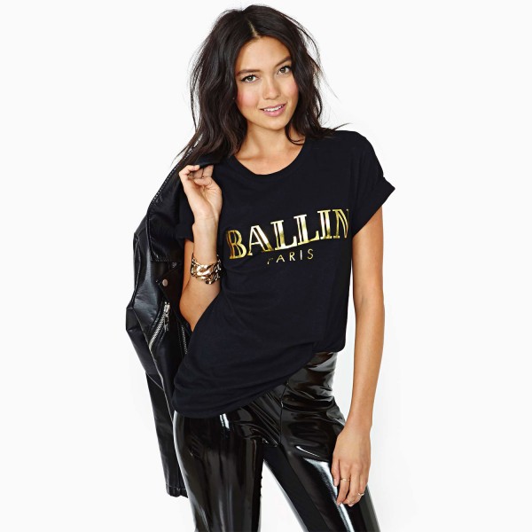 Ballin-letter-print-bronzier-black-o-neck-short-sleeve-roll-sleeve-t-shirt-female-haoduoyi